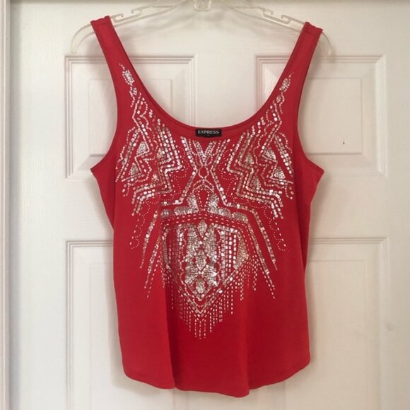 Express Embellished Silver Sequin Red Tank Top - Picture 2 of 15